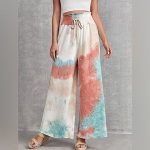 EMERY ROSE Tie Dye Shirred Waist Knot Front Wide Leg Pants